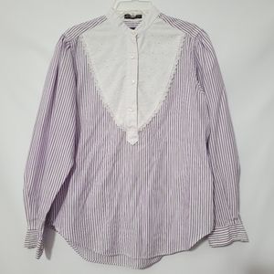 Vintage John Henry Button Striped Bib Front Long Sleeve Blouse Ladies Size 10